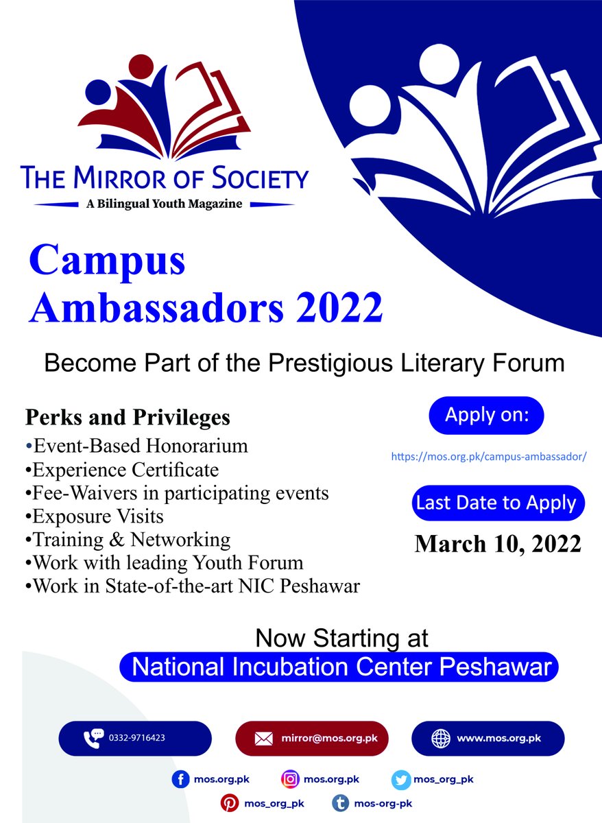 mos_org_pk's tweet photo. The wait is over for online membership.
Campus Ambassador Program recognizes enthusiastic, hardworking, and motivated students by giving them the opportunity to develop knowledge and leadership skills.
#mosdotorg #mos #uop #literature #society #magazine #emagazine #ambassador https://t.co/aw0M1f5WMk