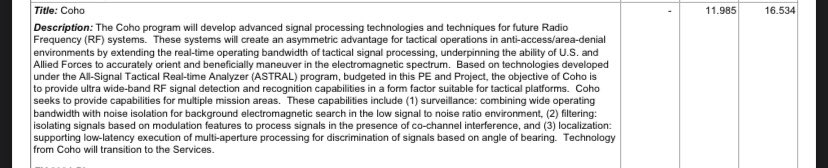 10) Coho program: developing ultra wide-band RF signal detection and recognition capabilities to facilitate an asymmetric advantage for US and allies to maneuver in the electromagnetic environment with respect to access, surveillance, filtering, and localization