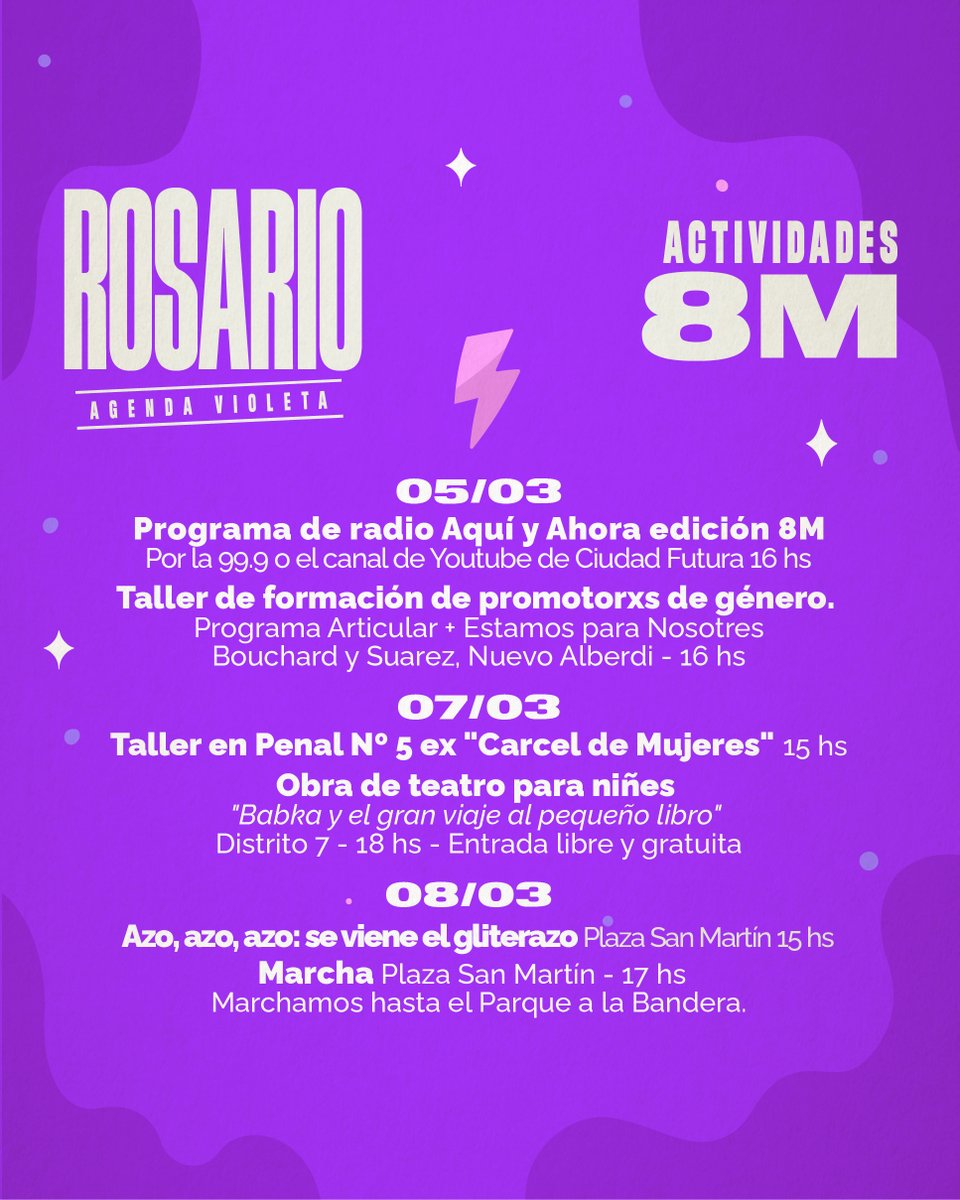 CiudadFuturaOK's tweet photo. Se viene otro #8M y nuestras luchas confluyen en un mismo grito: PARAMOS. Desde cada trinchera, paramos situaciones de violencia y, también, #NosParamos para organizarnos y construir alternativas a este mundo machista y patriarcal.
👉🏽 Acá la agenda violeta de #CiudadFutura 👇🏽 https://t.co/3RF0muC4t2