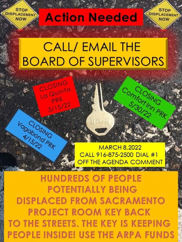 fayetalking's tweet photo. Call, text, or email:  Sacramento County is planning to evict over 300 folks from Project Roomkey starting 3/15! This is inhumane &amp; extremely cruel. Tell the Board of Supervisors to choose to keep people housed. #FundPrevention #CareNotCages https://t.co/hGtgXUdoiA https://t.co/KAvxyXLJKh