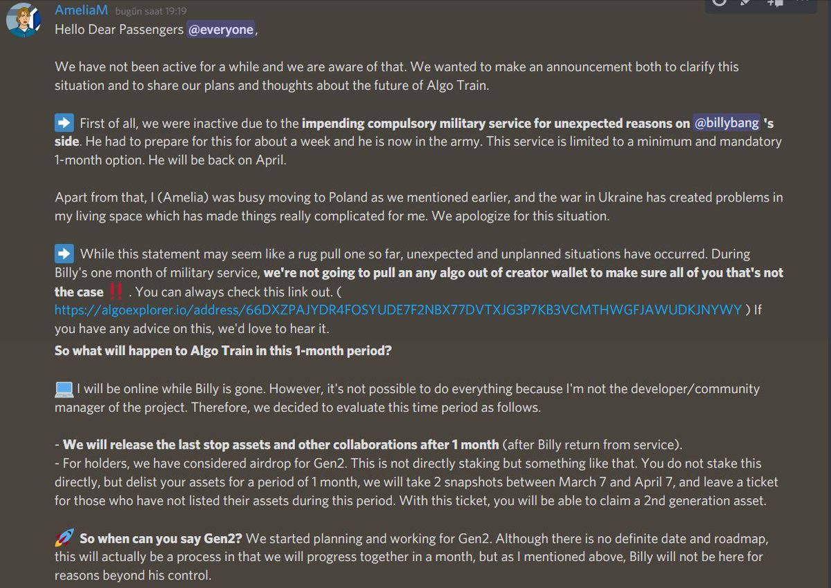 AlgoTrainNFT's tweet photo. GM #AlgoFam, we've been inactive for a while and we made a really important announcement on Discord. https://t.co/vUjZxwa0sw by @MakowskiAmelia https://t.co/iWR4jbMdm4