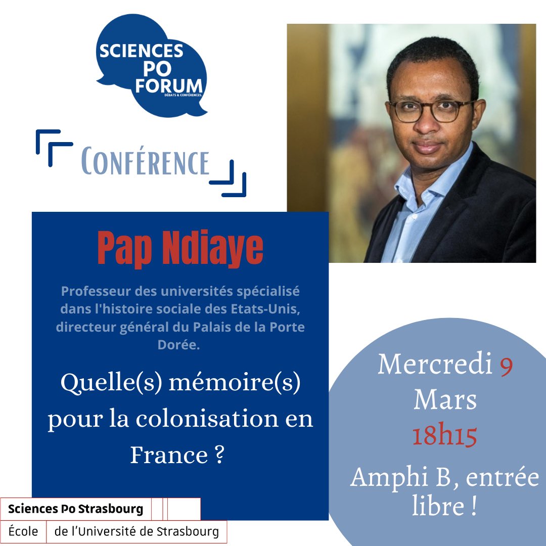 ScPoForum's tweet image. Venez à la rencontre de Pap Ndiaye, historien (professeur à Sciences Po Paris) et directeur général du Palais de la Porte Dorée, MERCREDI  9 mars à partir de 18h15 dans l’amphi B. Il viendra échanger avec vous sur la/les mémoire(s) de la colonisation en France.
