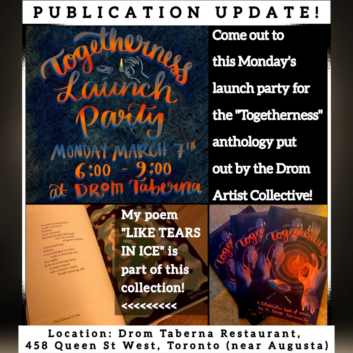 paul_e_costa's tweet photo. PUBLICATION UPDATE!
Check out this in-person launch of a collection featuring my poetry in Toronto on Monday. Thank you @PoeticBones for letting me know about the submission call ๐
#launchparty #booklaunch #anthology #dromtaberna #dromartscollective #artscollective #TOpoetry https://t.co/TBcY4aTbZ0