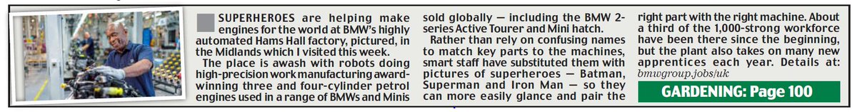 raymasseytweets's tweet photo. How #Superheroes help build engines for #BMW &amp; #MINI at #UK factory #HamsHall #Coleshill #Warwickshire ,
Read Me @DailyMailUK @MailOnline 
@BMW @BMW_UK @BMWGroup @chrisov @Biggs3008 @GeorginaCox01 @helenwilsonxx @BMWiParkLane @MINI @MINIUK @SMMT 
Scroll: https://t.co/wQr890NyFp https://t.co/ATcFW8guzD