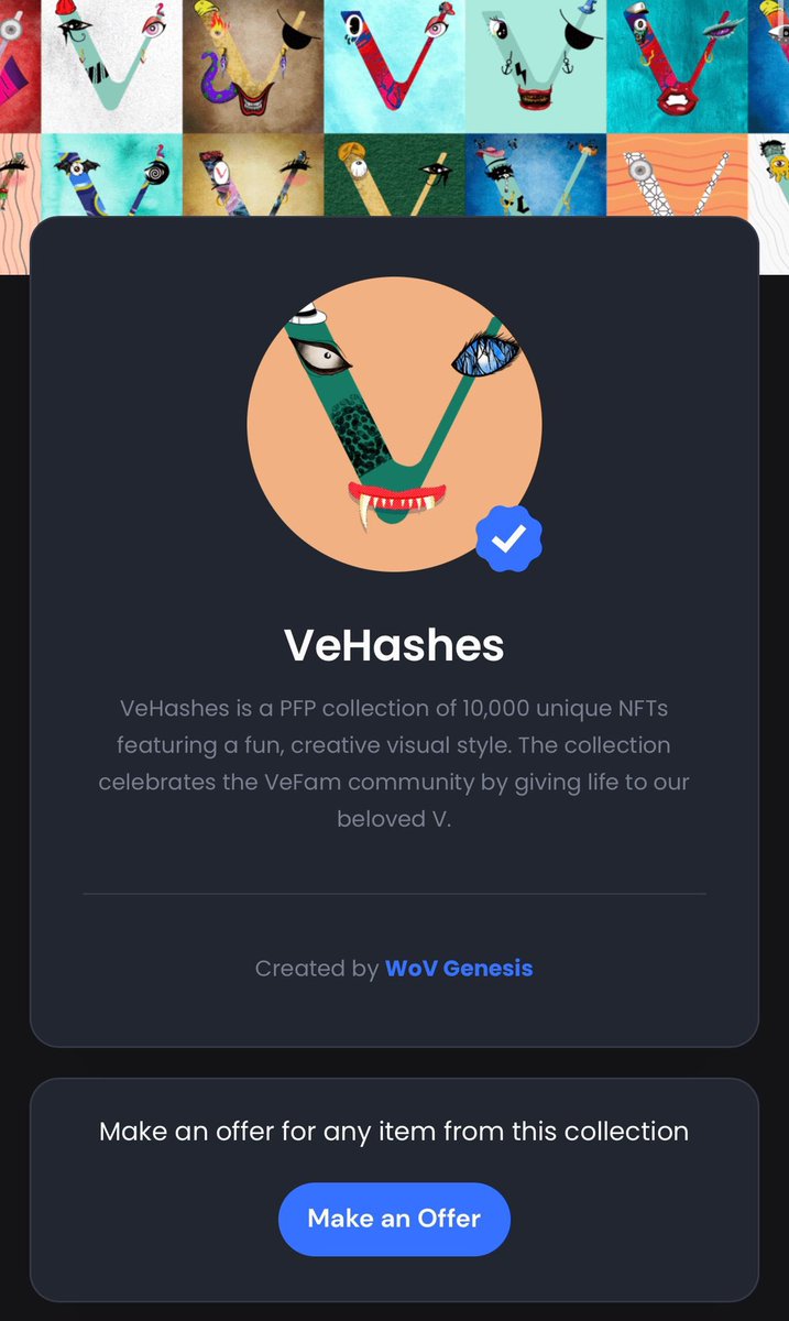 Introducing Collection Offers: feature is now available for all the projects integrated on #WorldofV 🚀

Make global offers on all the NFTs from a collection by leveraging off the power of Veiled VET (vVET).

#WoV #VNFT #GreenNFT #NFT $VET #NFTcommunity