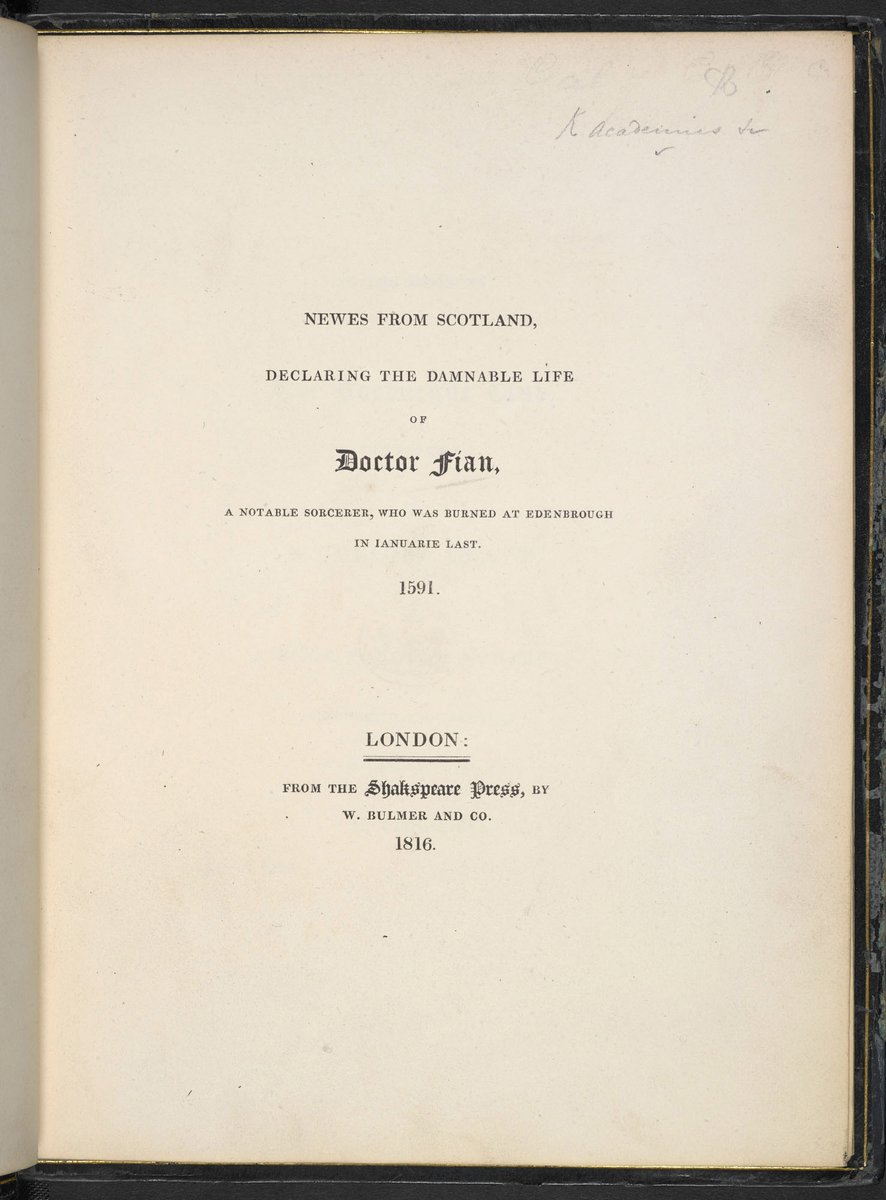 1696Rwh's tweet photo. Witchcraft pamphlet Newes from Scotland, originally printed in London in 1591. It contains accounts of three women accused of witchcraft and tried before King James VI of Scotland. #PBF22 #WitchesofScotland #Bagarranwitches #witchtrials https://t.co/CoOhm77zAh