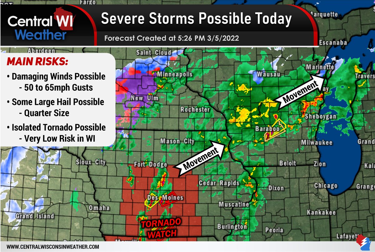 WisconsinWx's tweet photo. [5:30pm] - Widespread light to moderate rain is occurring across much of central Wisconsin early this evening, with more vigorous storm development ongoing across Iowa. These storms developing in Iowa will provide the primary severe risk to Wisconsin later this evening. #wiwx https://t.co/pLsiWlwC0c