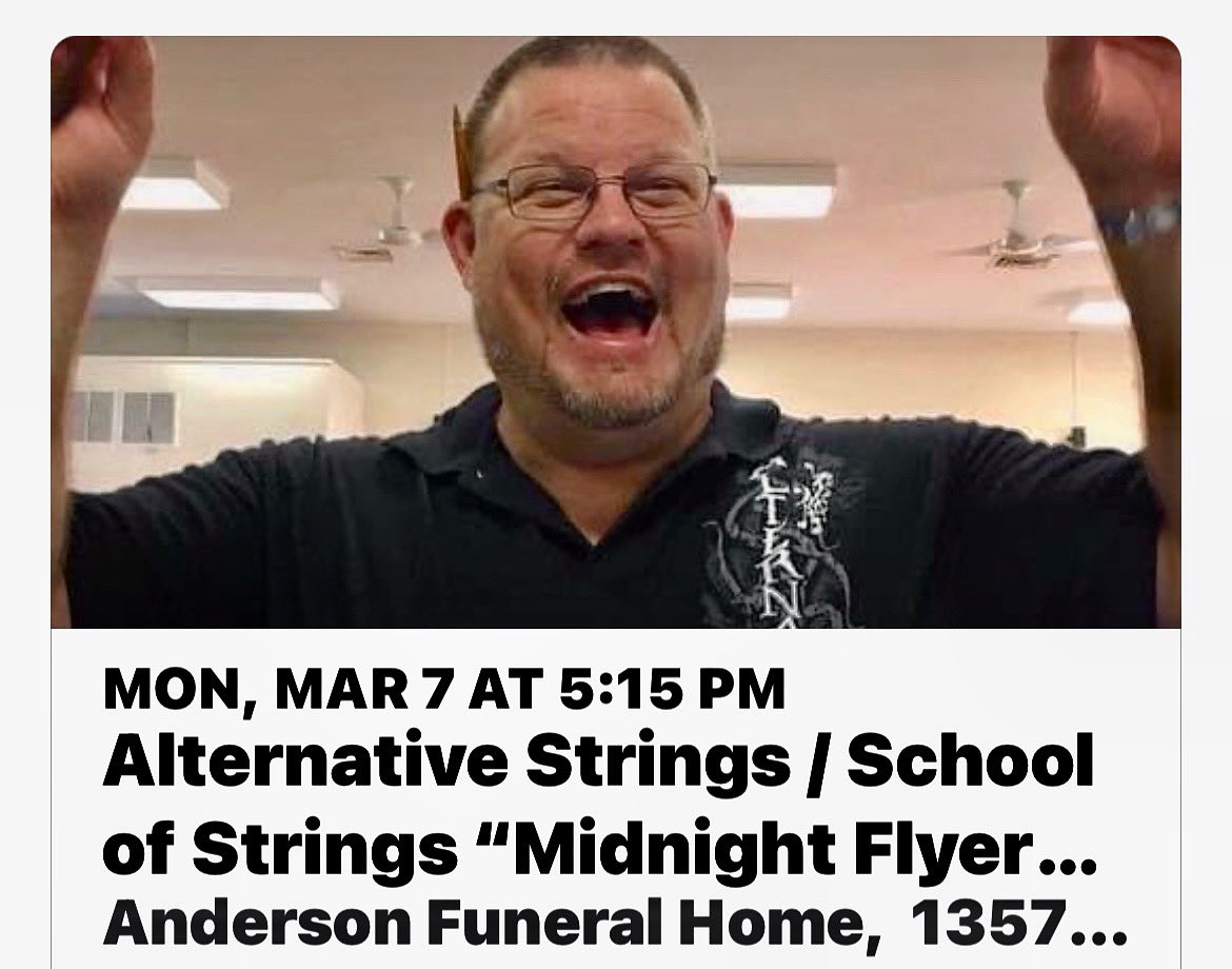 Alt_Strings's tweet photo. Please respond GOING if you plan to perform “Midnight Flyer” in honor of Mr. Eyink &amp; for the Eyink Family on Monday 3/7. 
Details in event. 💙

https://t.co/2iFKa0UBZU https://t.co/j88dnmHyjK