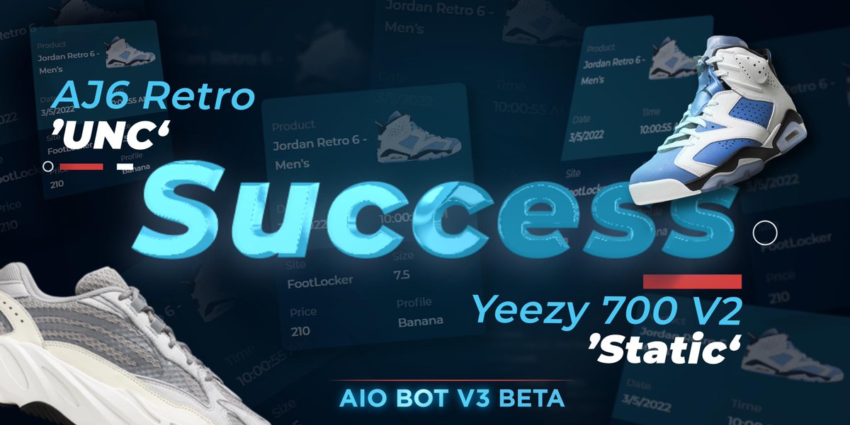 Random RT wins AIO Bot🎉
Good start for V3 BETA users on the AJ6 UNC &amp; Yeezy 700 drops🔥
