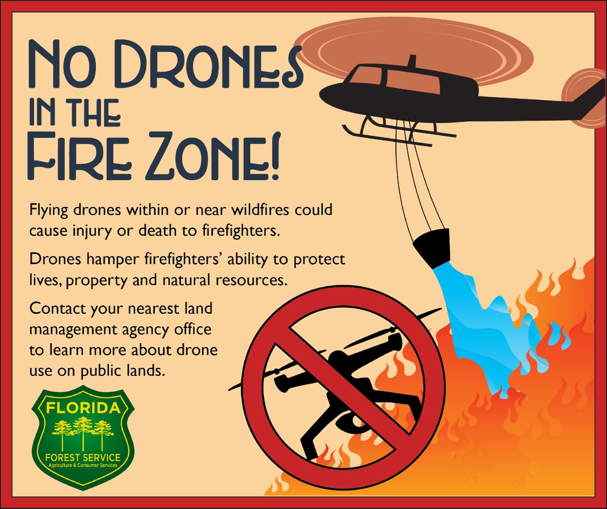 FLForestService's tweet photo. Do not fly drones near wildfires. Flying drones over or near wildfires could cause injury or death to firefighters and hamper suppression operations.
Individuals who interfere with wildfire suppression efforts may be subject to civil penalties and criminal prosecution. https://t.co/6kIGklnvY7