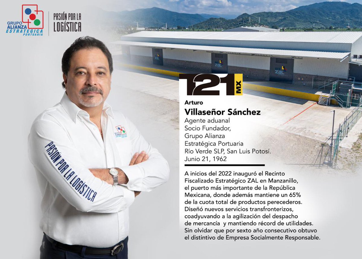 AlianzaEp's tweet photo. Te presentamos la edición anual de la revista T21 con los 100 más influyentes, donde se hace mención al Ing. Arturo Villaseñor Sánchez, Agente Aduanal y Socio Fundador de Grupo Alianza Estratégica Portuaria.

Si quieres conocerla, haz clic aquí 👉🏻
https://t.co/tLvv8lEEKu https://t.co/w9BPEhMm1N