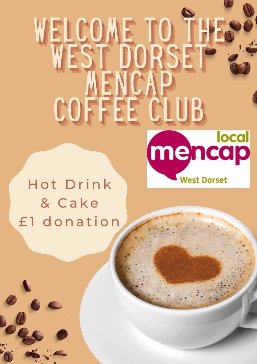 We're excited to be holding our first Coffee Club on Tuesday 8 March. You can find us in Bridport Town Hall, above the @BridportTIC 11.00am to 1.00pm.  Come along and meet up with your friends and enjoy a delicious hot drink and cake.  Carers welcome, fully accessible facilities.