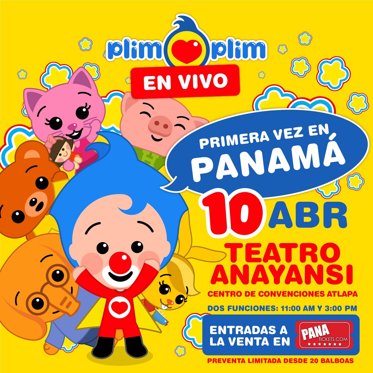 POR PRIMERA VEZ EN PANAMÁ 🇵🇦 llega el espectáculo más esperado por todos los Niños “CANTANDO Y BAILANDO CON PLIM PLIM” con TODOS SUS AMIGUITOS !!! 
Domingo 10 de Abril 
Dos únicas Presentaciones 11:00 am y 3:00 pm 
!Claro que si!