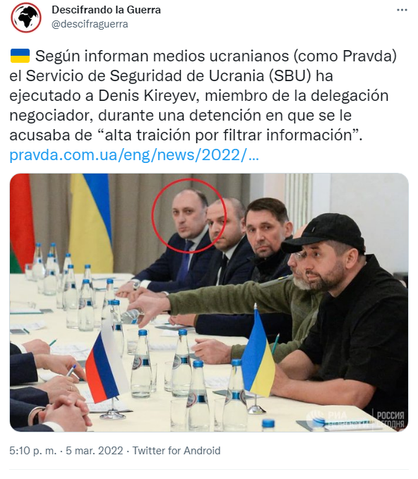 Según el medio ucraniano Pravda, el servicio de seguridad de Ucrania ha asesinado a uno de sus negociadores con Rusia por alta traición, supuestamente por filtrar información.
Ni juicio ni nada, un tiro y ya.
pravda.com.ua/eng/news/2022/…