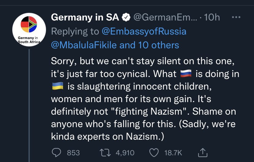ianjameslee's tweet photo. I had to check for myself but the German Embassy in South Africa gives this response to its Russian counterpart on Nazism. https://t.co/zXbQZ1igTE