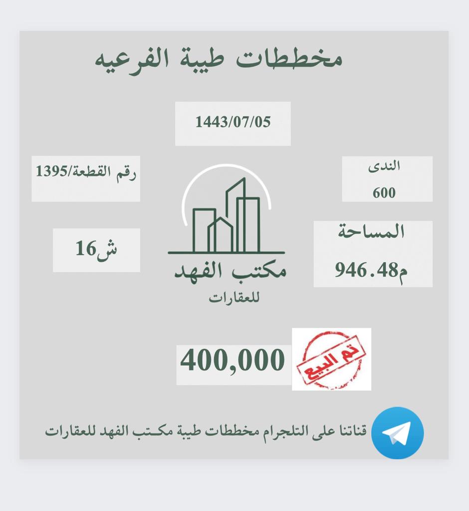مخطط الندى رقم 600
التاريخ 5 رجب 1443
رقم القطعة 1395
المساحة 946.48 
شارع 16