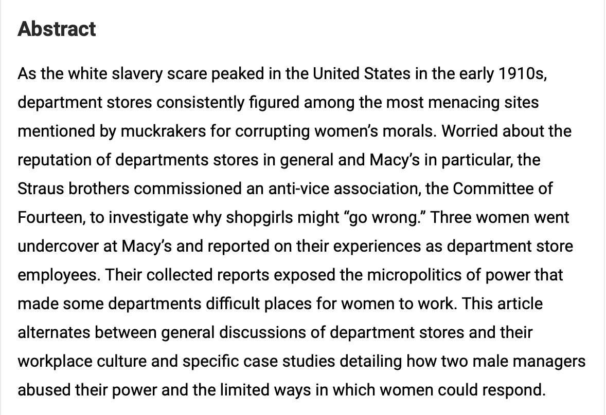 MaraKeire's tweet photo. My article, "Shouting Abuse, Harmless Jolly, and Promiscuous Flattery: Considering the Contours of Sexual Harassment at Macy's Department Store, 1910–1915" is now out special issue about sexual harassment in the workplace in Labor: Studies in Working Class History https://t.co/1Om5XzGOYH