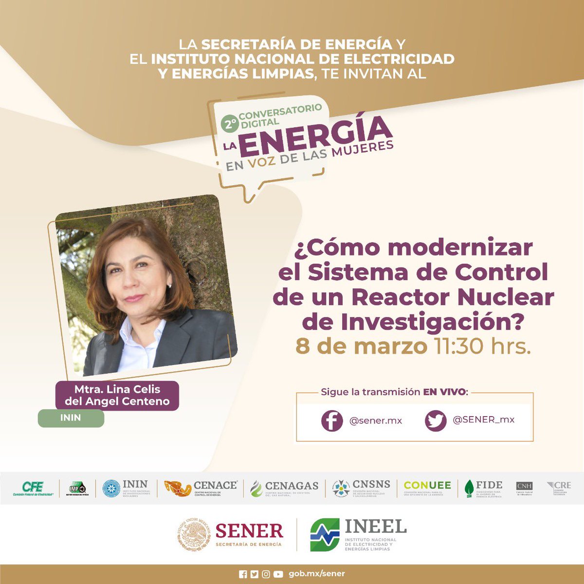 SENER_mx's tweet photo. El “Segundo Conversatorio Digital:La energía en voz de las mujeres👩🏻‍🔬👩🏻‍💼👷🏻‍♀️” contará este 8 de marzo con la presencia de profesionistas del @inin_mx y del @fidemx que con su trabajo, diariamente contribuyen al desarrollo del sector energético de México.
#MujeresAlCentro https://t.co/jw8h0Hp1VV