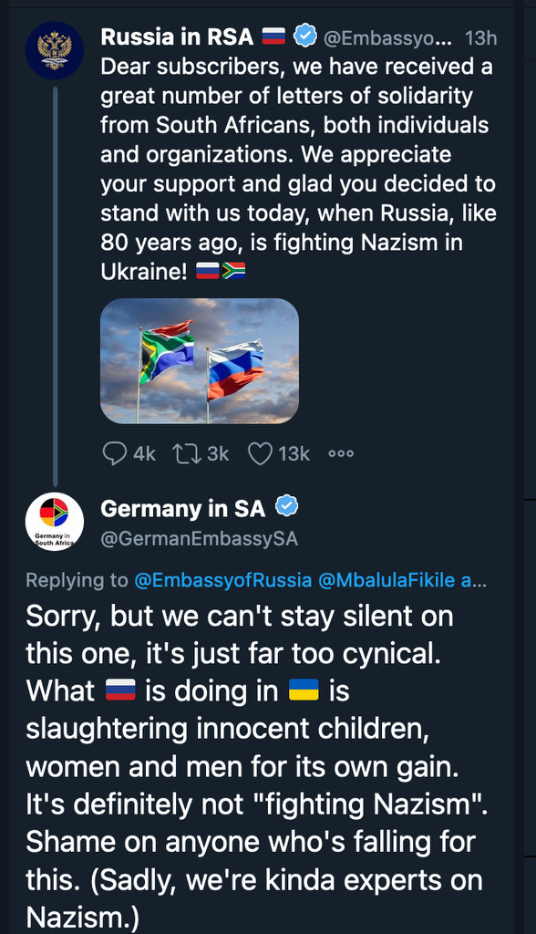 thomas_wiegold's tweet photo. Hui. Twitter Diplomacy zwischen den Botschaften Russlands und Deutschlands in Südafrika: https://t.co/5K4ODMIu6O