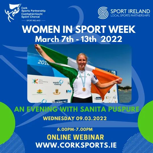 CorkSports's tweet photo. 💁 Women in Sport Week Webinar- An Evening with @SanitaPuspure - Reminder 🎉

Webinar Details:
📆 Wednesday March 9th
⏱ 6.00pm - 7.00pm
📍 Online via Zoom
👉 https://t.co/qrgXOvPNkF

#ActiveCork #WomenInSportIRE #ActiveCorkCity https://t.co/4uBuygQxI2