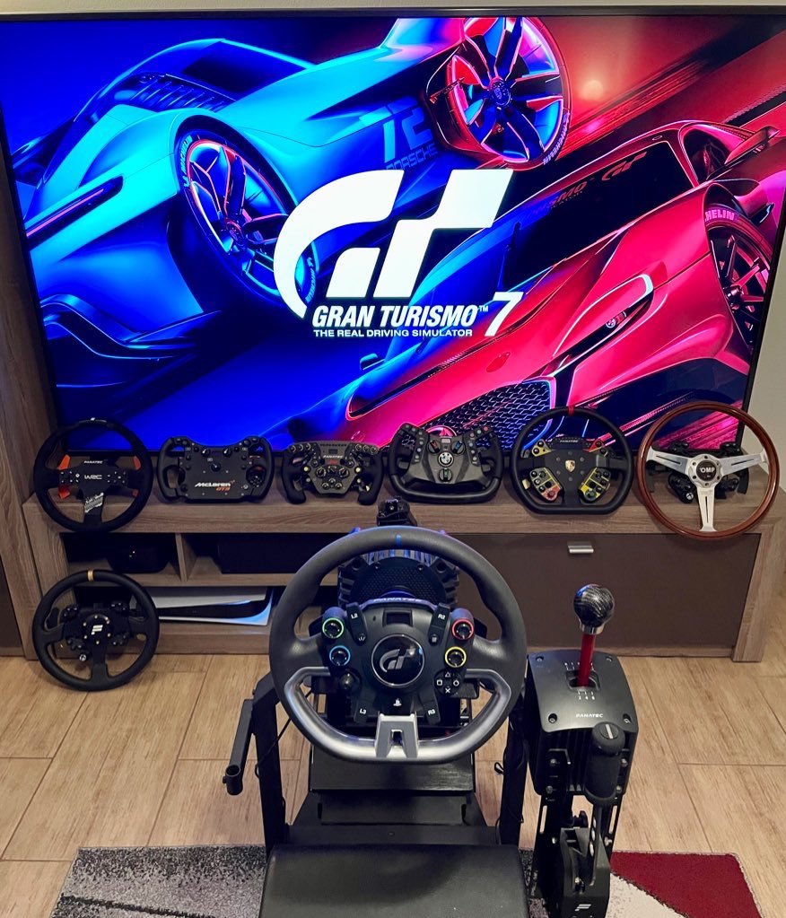 peter_zollner's tweet photo. Just started #GT7  on my #PlayStation5 using the @fanatec GT DD Pro. Variety of steering wheels should be sufficient to keep up with the available cars in game 😎 #feelyourline #FindYourLine #BMW #McLaren #Porsche #Formula1 #WRC https://t.co/cG4QTC2KBG