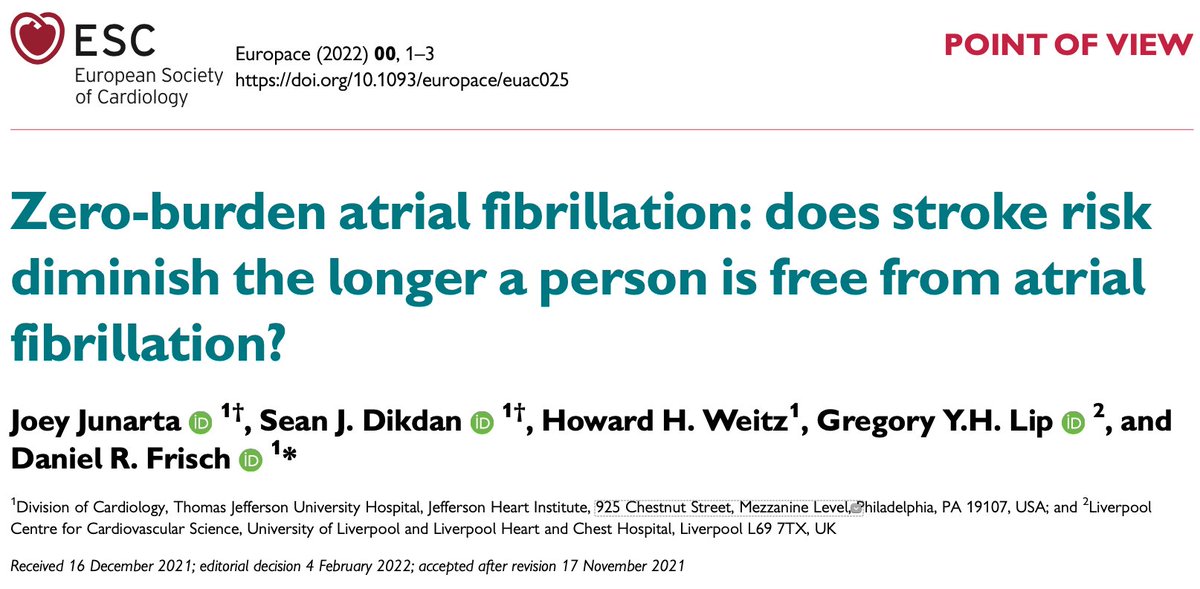 In our editorial, we argue that stroke risk might diminish after a period of AF-free time. Thus, there is value to investigating the time since the last AF event to the future risk of stroke. @FrischMd @SDikdan @DrHowardWeitz @LiverpoolCCS @TJHeartFellows pubmed.ncbi.nlm.nih.gov/35244689/