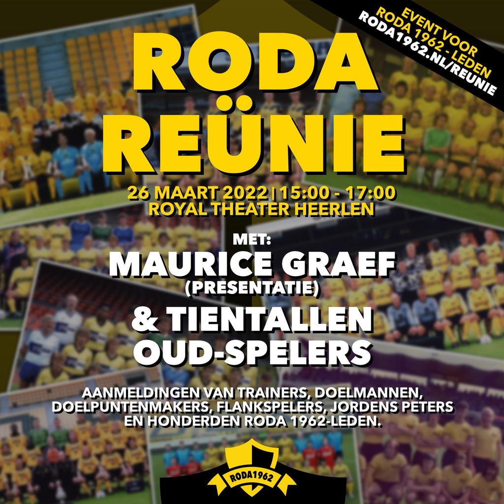 26 maart organiseren we de grote Roda Reünie van oud-spelers. De inschrijving om hierbij te kunnen zijn is geopend!

Aanmelding voor de reünie is vereist en kan via de volgende link: roda1962.nl/reunie. 

Let wel: vol=vol!  
 
#RodaJC #RodaReunie #Roda1962 #Clubhistorie