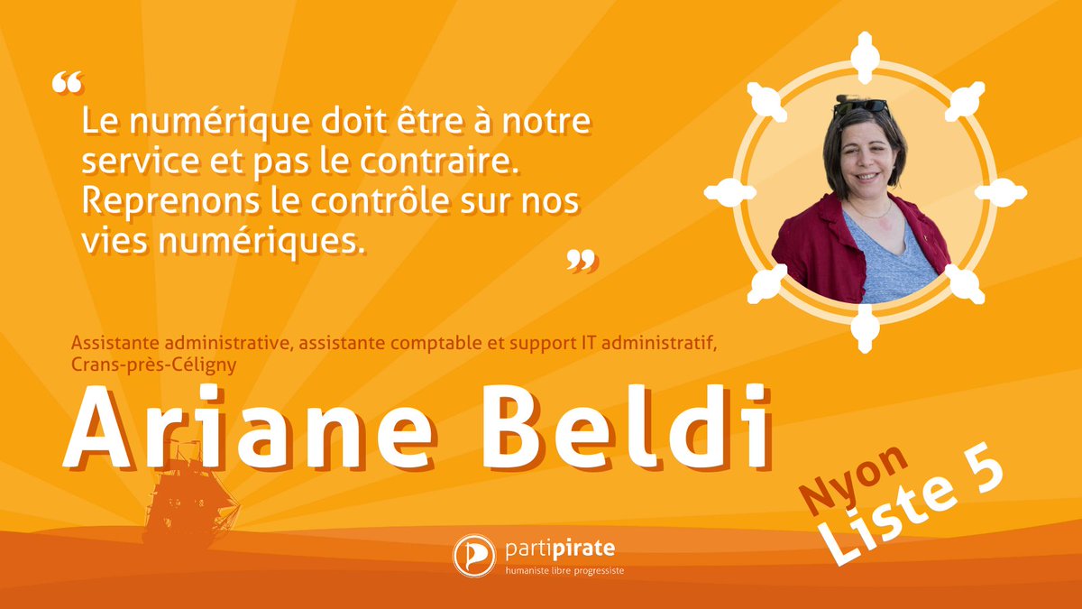 partipiratevaud's tweet photo. Découvrez notre quatrième candidate au Grand Conseil Vaudois pour le district de #Nyon: Ariane Beldi.
#ecvd2022 #ecvd22 #ecvd #vaud #vaud2022 #élections https://t.co/FZWiUtUPlF