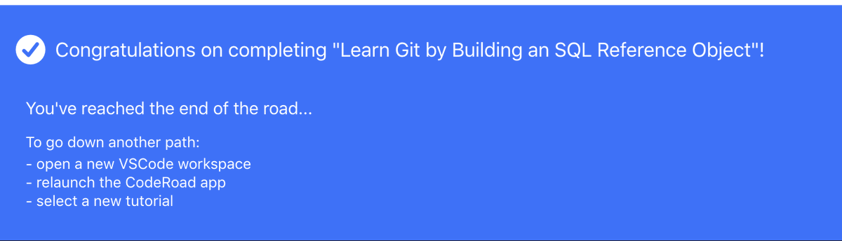 skyblue1292's tweet photo. Day 64 of #100DaysOfCode 
Completed "Learn Git by Building an SQL Reference Object" on @freeCodeCamp by #freeCodeCamp 😃 https://t.co/BaIP3AjvPx