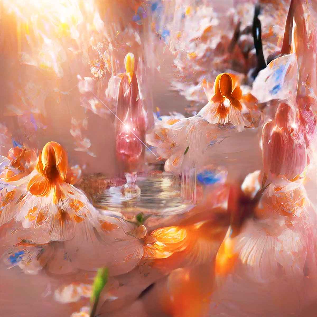 panhemi's tweet photo. sooo i’ve been reviving old AI works and trying out new AI tools (ᵕ̴̤‧̮ᵕ̴̤∗) 

i used https://t.co/9513nMBO6m to add a sweet lil pond to this scene! i also merged &amp; then layered a few different iterations from original render cycle … i think she is divine 🌸🌺 https://t.co/B1lZMAX9si