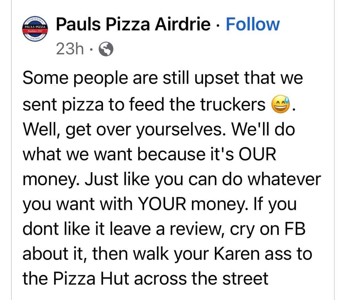 girlbrown4's tweet photo. Lets all show
#paulspizza some love! #endallmandates #aidrie #FreedomConvoy2022 https://t.co/v2mDe3lrKJ