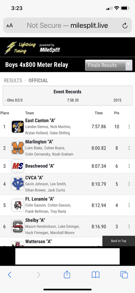 The East Canton boys 4x800m relay took the state championship running a state record time of 7:57.86. <a href="/OHMileSplit/">MileSplit Ohio</a>