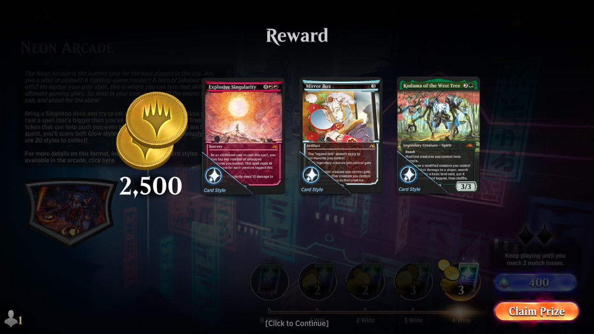 's tweet image. #MTGArena #NeonArcade @fireshoes
Played 8 shots with 8 of 12 decks from @mtgazone you can find here mtgazone.com/neon-arcade-ev…. Ended at -500 Golds and + all 20 Cardstyles.

Results:
1. RG 4-1
2. R 4-0
3. RW 0-2
4. WB 4-0
5. B 4-0
6. UW 3-2
7.  UB 4-0
8. UG 3-2

I not play W/U/G/UR.