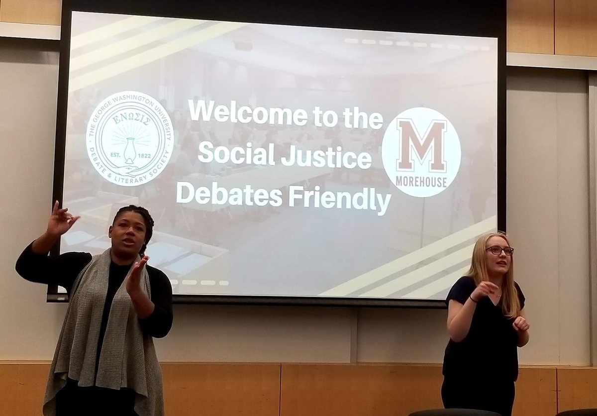 gwudls's tweet photo. Wonderful morning hosting the Social Justice Debates Friendly in partnership with @GallaudetU and @HowardU! At the end of the month, Gallaudet will be participating in a historic first, traveling to compete in the Social Justice Debates National Championship at @morehousedebate! https://t.co/71aGbaPoEd