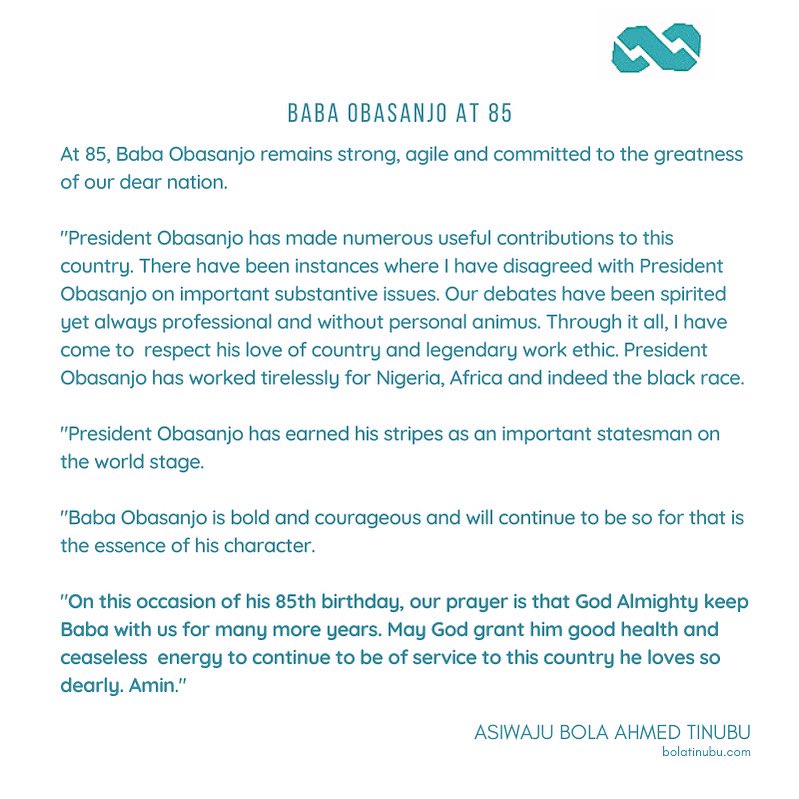 officialABAT's tweet photo. At 85, Baba Obasanjo remains strong, agile and committed to the greatness of our dear nation.
"President Obasanjo has made numerous useful contributions to this country. There have been instances where I have disagreed with President Obasanjo on important substantive issues.
1/4 https://t.co/0G7nEvEEoW