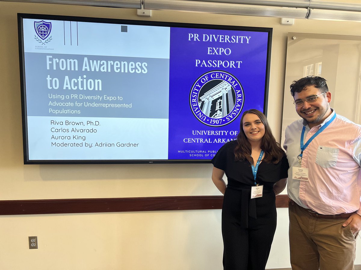 aurorakking's tweet photo. A successful conference and presentation! Thanks to @AEJMC for a wonderful weekend! Special thanks to @rivarbrown for encouraging @carl_alvarado_ and I to present on and advocate for diversity and marginalized groups in the PR industry using our #PRLS4312 expo! #aejmcmw22 https://t.co/K9b9oNwZAR