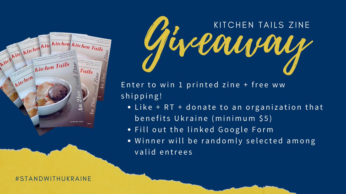 serpentinerose's tweet photo. Missed out on the #kitchentails p4p flash sale yesterday? Wish you could do something to help with the conflict in Ukraine?
Announcing the Kitchen Tails zine giveaway, with further info in thread.
RTs are very much appreciated! https://t.co/z1vo4pKYBS