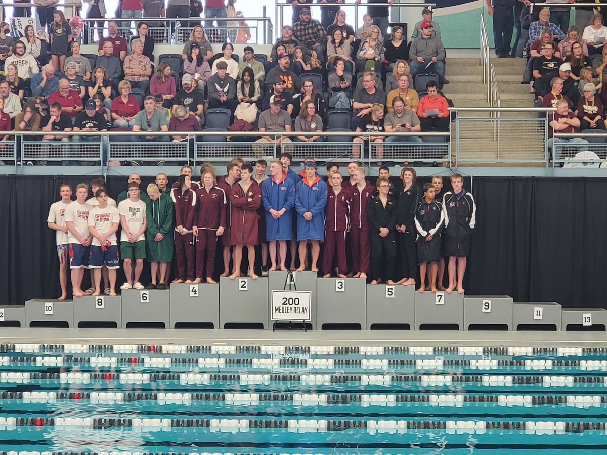 WFSSwimDive's tweet photo. State Champions, with a new Team Record in the 200 Medley Relay!! Way to go boys!! #letsgomustangs #sheyenne #ndpreps #HAC https://t.co/ttBt82nskB