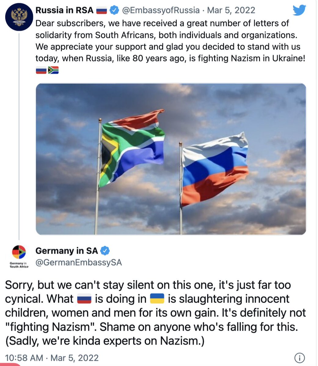 mmarkovitz's tweet photo. The German Embassy trolls the Russian Embassy in SA. 👏👏 Someone had to do it. The irony should not be lost that the Russian Embassy freely tweets in SA while denying freedom of expression to their citizens back home. We stand with all oppressed people, incl the Russian people. https://t.co/1zu867pxZc