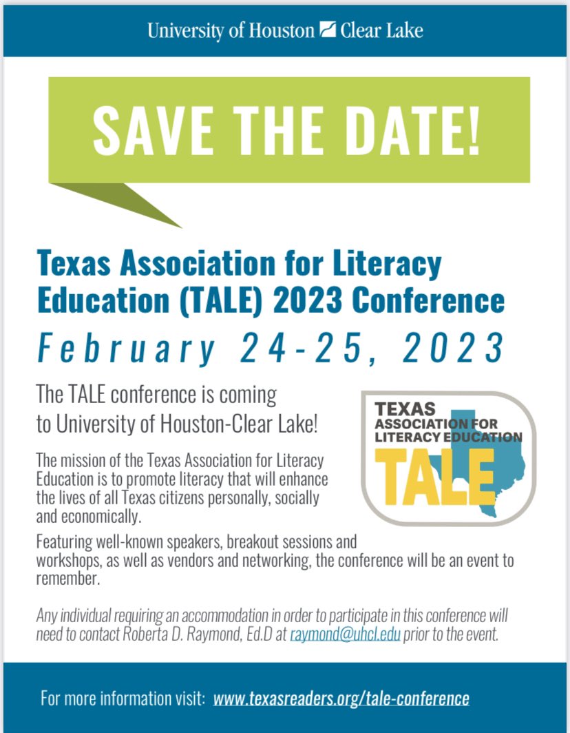 TXLiteracyEd's tweet photo. The news is out!!! The news that you have been waiting for…We hope that you join us next year in the Houston area as the next annual conference will be held at The University of Houston-Clear Lake. Save the date, and more information soon to follow.  #TALE2022 #TALE2023 https://t.co/6zWeiCmvOB