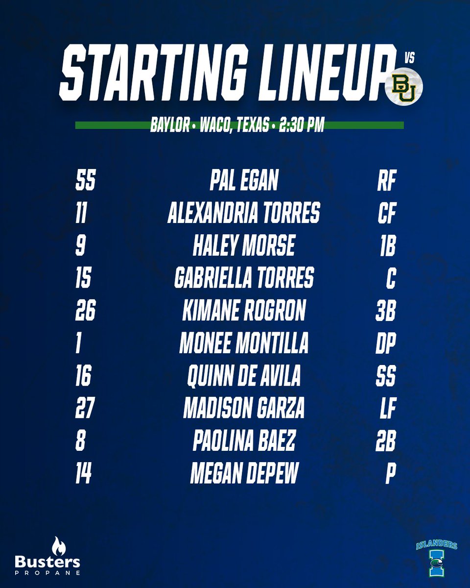 Game 2 ready to go! Here are your Islanders starting against Baylor in game two!
Watch live: https://t.co/nd8xdyDuD0
#ShakasUp // #BustersPropane https://t.co/kFIOnM1ZHv