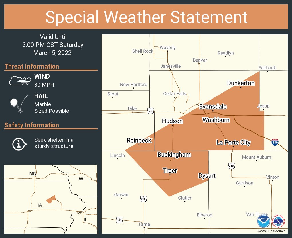NWS Des Moines on Twitter "A special weather statement has been issued for Evansdale IA, La