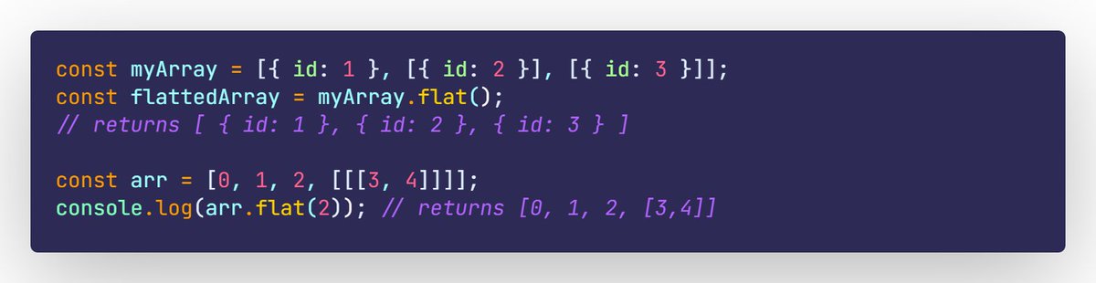 FrontendHacks's tweet image. Flattening Arrays of Arrays. There is a method flat on the prototype Array that lets you make a single array from an array of arrays. #javascript
