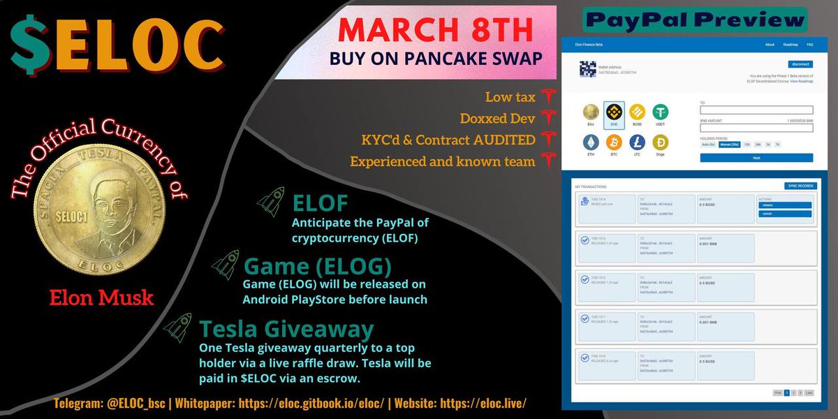 Cryptoconquero7's tweet photo. ‼️BIGGEST TOKEN of 2022‼️
$ELOC is on the way at #Paypal of #Crypto | @ELOC_bsc

🚀LAUNCH DATE: 
Tuesday 8th March ⏰

DYOR:
📱TG: https://t.co/LQYU5pRyKm
🌐web: https://t.co/VZ18UIWa1G
WhitePaper: https://t.co/Ne2xJw3IxQ https://t.co/WQRZsinev7 https://t.co/63Wcqh1yYg