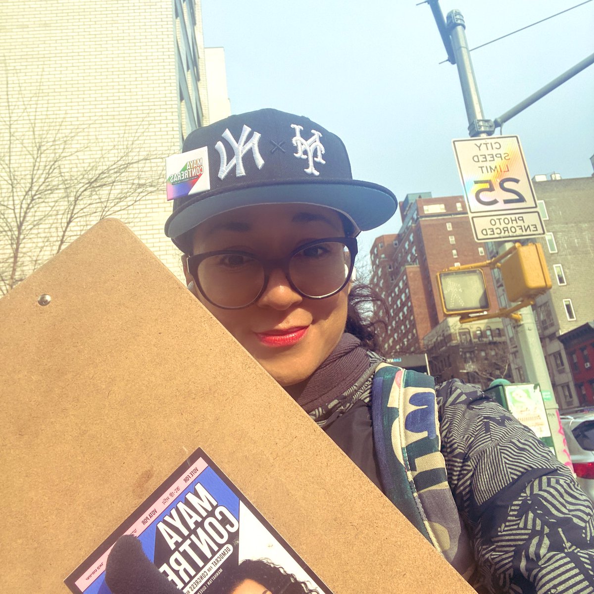 mayatcontreras's tweet photo. Petition signature goal for today met! Guess the Yankees/Mets hat didn’t hurt. What I heard today: “This is the first time I’ve met a candidate running for office before.” &amp; “It’s so nice to meet a candidate.” Thanks to all who’ve volunteered to petition mañana! #MayaForCongress https://t.co/HGQ58z5Xpb