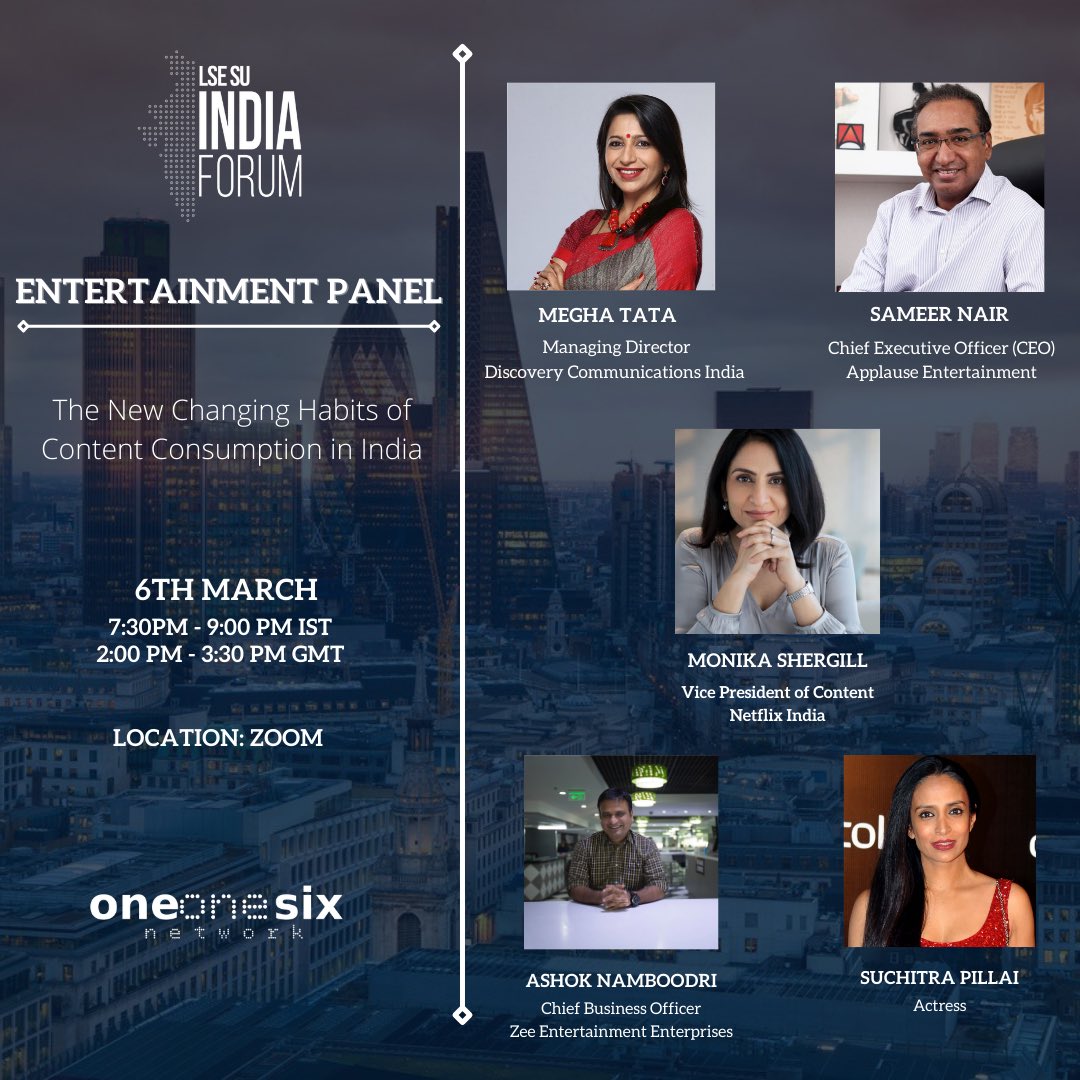 LSESUIndiaSoc's tweet photo. #LIF2022 - ENTERTAINMENT PANEL

Meet our showstoppers: Monika Shergill, Megha Tata,Suchitra Pillai, Sameer Nair &amp; Ashok Namboodiri. @mona_shergill @NetflixIndia @mtata0503 @DiscoveryIN @suchitrapillai @nairsameer @AshokNamboodiri @ApplauseSocial @gauravbahirvani @oneonesixltd https://t.co/BA8T66BugL