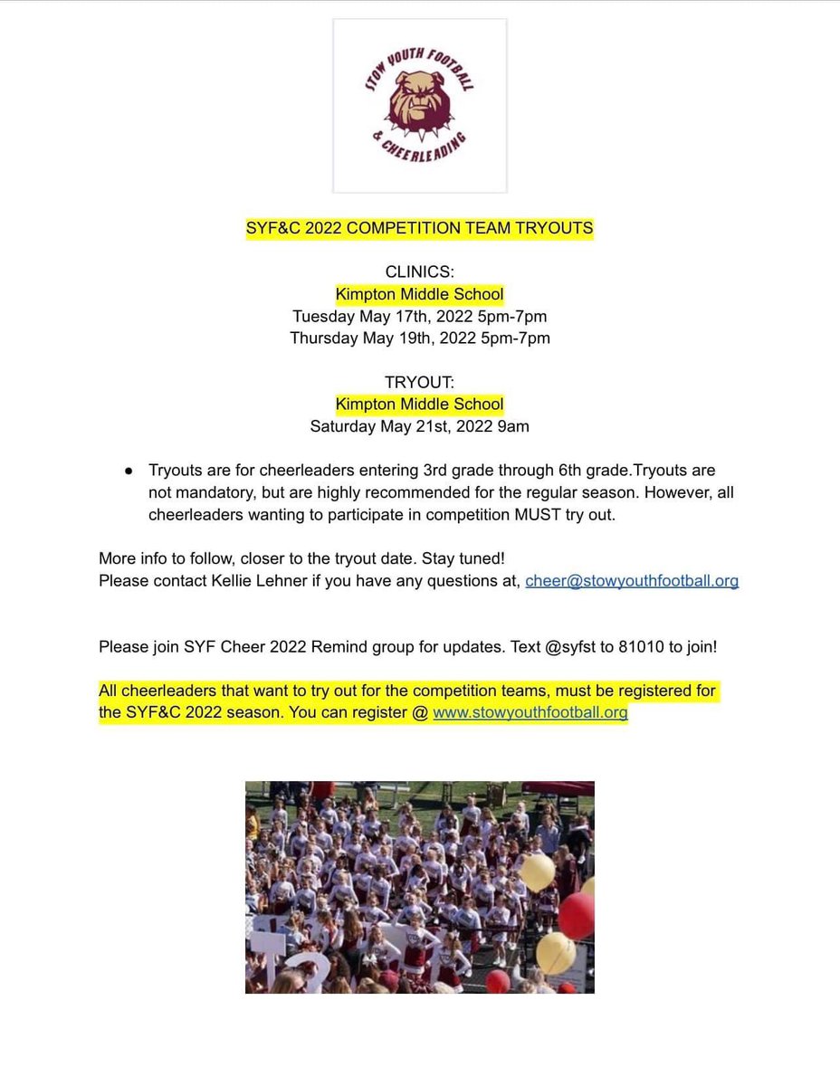 SYFCBulldogs's tweet photo. 2022 Cheer Competition Team Tryouts! https://t.co/qPIceeDEk3