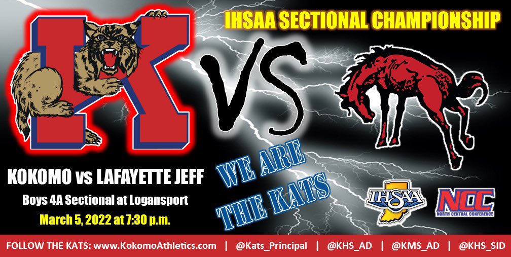 KHS_SID's tweet photo. GAME DAY: Kokomo (17-7) battles #14 Lafayette Jeff (21-4) tonight at Logansport for the sectional title. @WildkatBBall needs the full support of #WildkatNation for the 7:30 pm tip-off. See you at the Berry Bowl. β€οΈππ #StriveFor75 @KHS_AD @Kats_Principal @MemorialManiac_ https://t.co/nqBV3jDnd4
