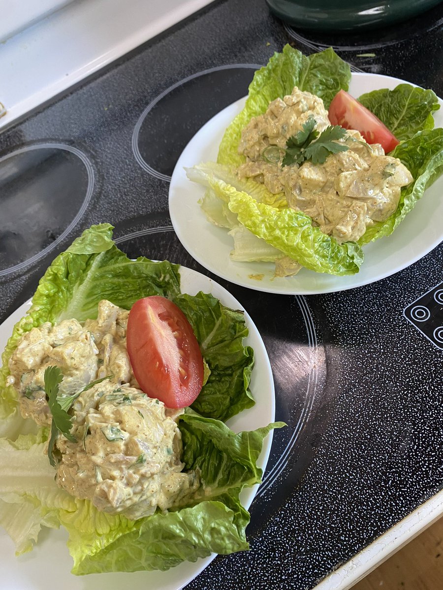 CIBjornstad's tweet photo. One of my staff brought us both lunch that she made. Curry chicken salad on a bed of lettuce. And then strawberries and chocolate zucchini loaf for dessert 😍💕 https://t.co/yEMJfQKLJn