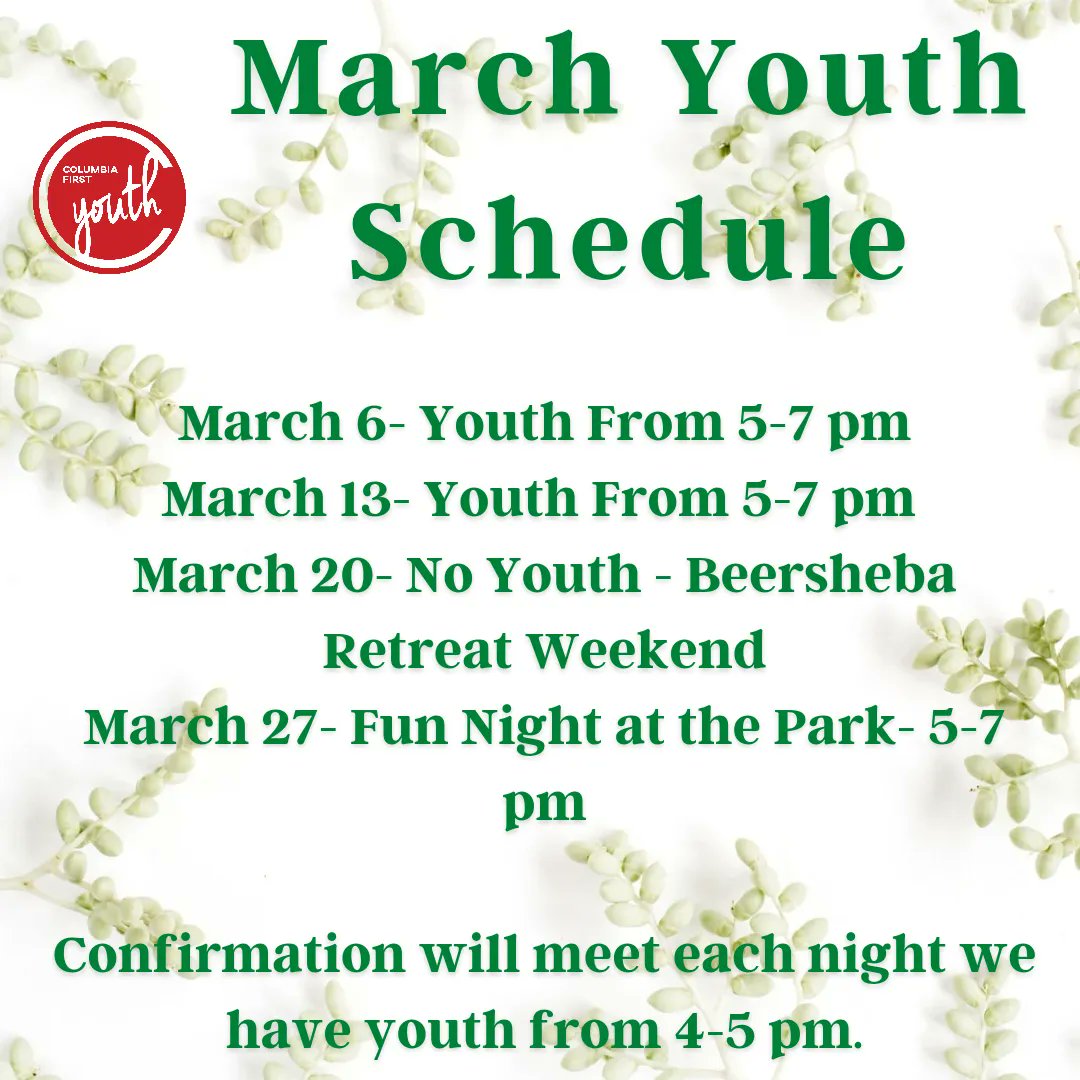 ColumbiaTNFUMC's tweet photo. March Youth Schedule! Be sure to join in! #columbiafirst #onfire4God #columbiatn #muletown #CFUMC #columbiafirstyouth #columbiafirstkids #columbiafirstmissions #WDS #joinus https://t.co/0wM4JiFxkq